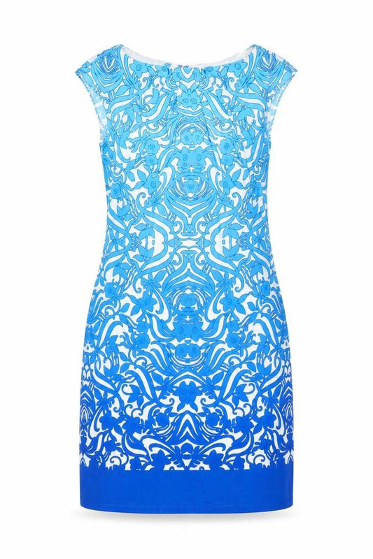 M&Co Womens Blue Geometric Polyester Shift Size 10 Boat Neck Button