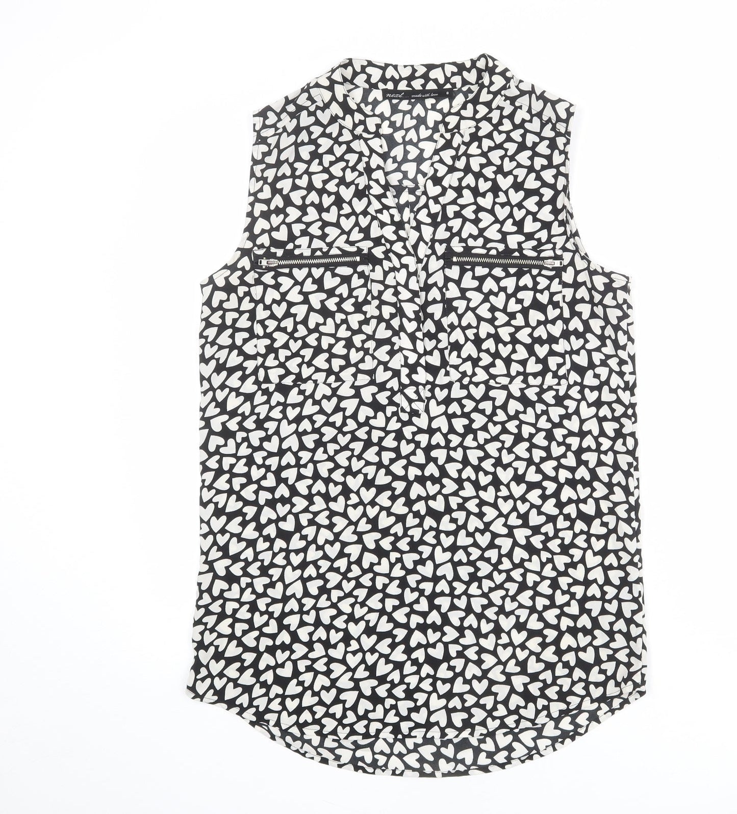 NEXT Womens Black Geometric Polyester Basic Tank Size 8 V-Neck - Heart Print