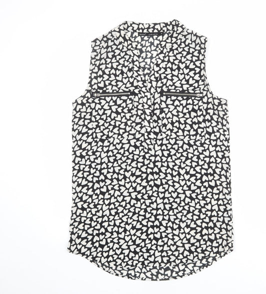 NEXT Womens Black Geometric Polyester Basic Tank Size 8 V-Neck - Heart Print