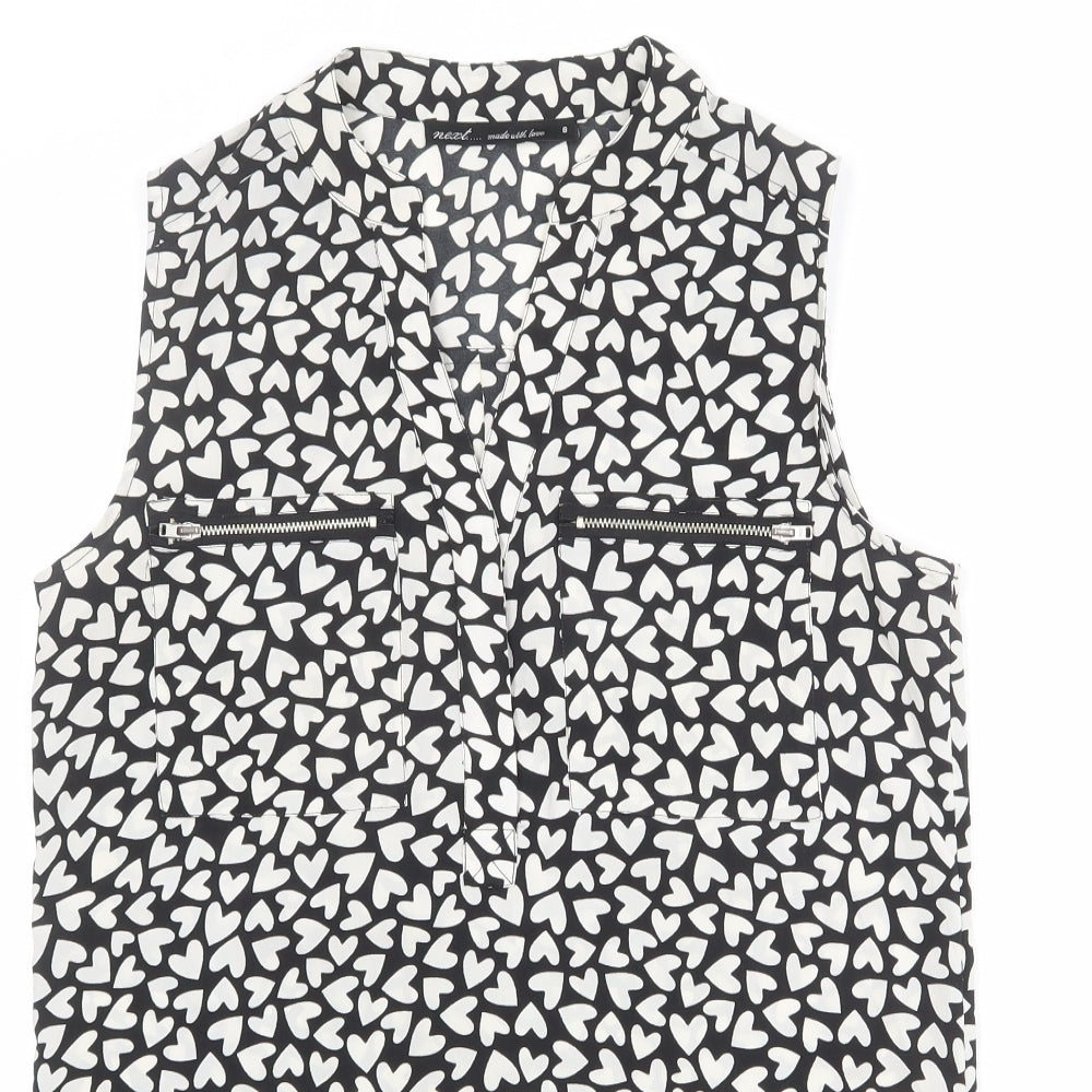 NEXT Womens Black Geometric Polyester Basic Tank Size 8 V-Neck - Heart Print