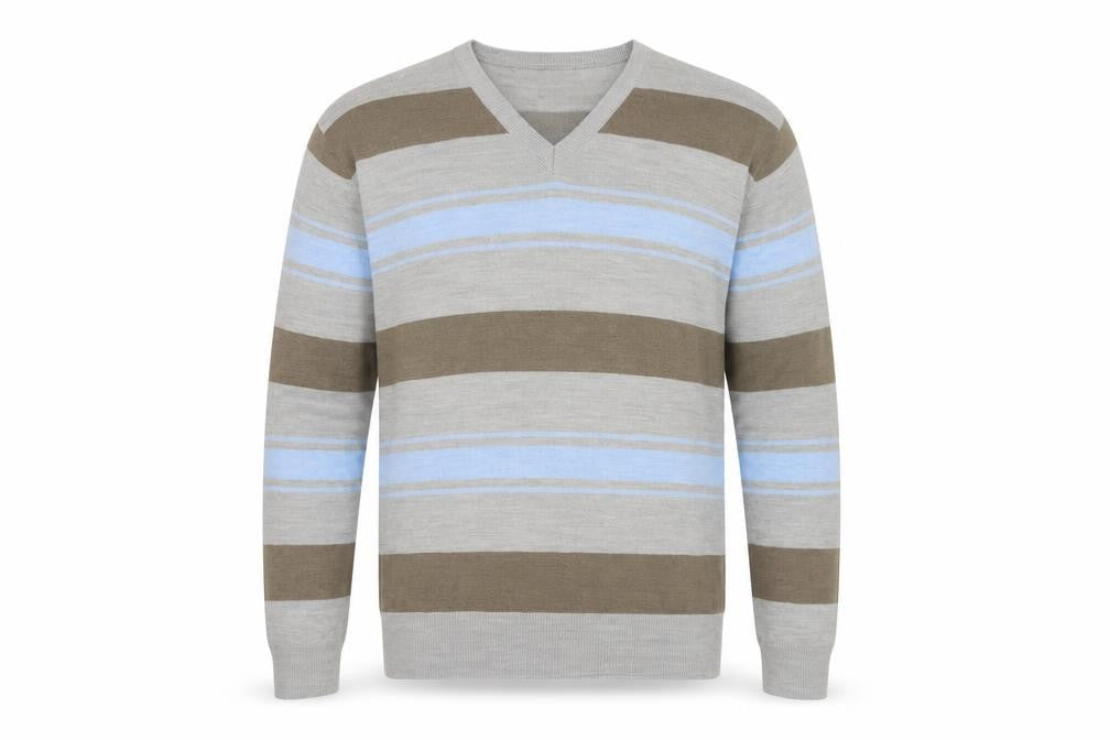 Terry de Havilland Mens Grey V-Neck Striped Acrylic Pullover Jumper Size XL Long Sleeve