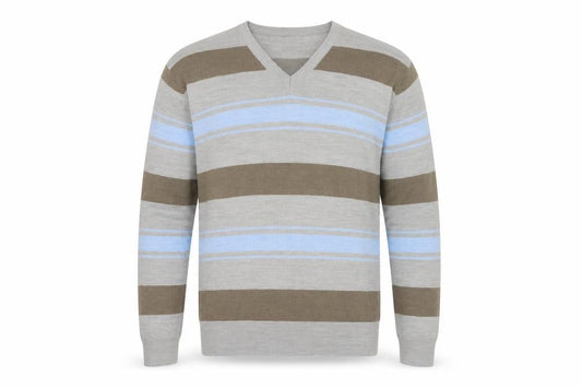 Terry de Havilland Mens Grey V-Neck Striped Acrylic Pullover Jumper Size XL Long Sleeve