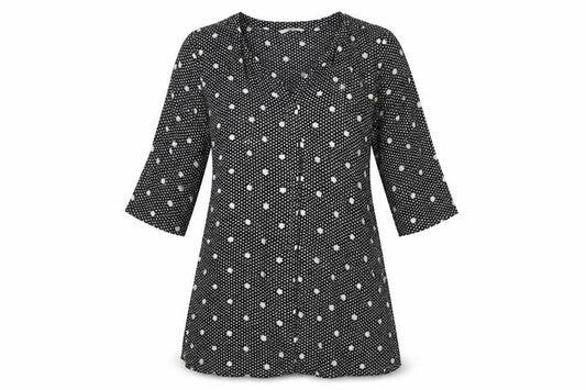 Front view of Only women’s black polka dot viscose a-line, size UK 10, v-neck pullover