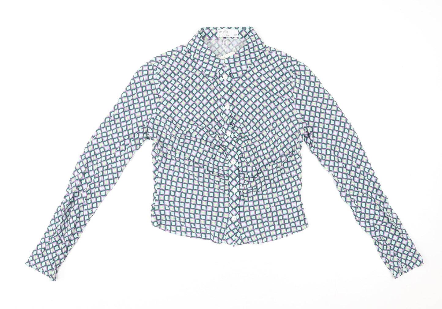 Bershka Womens Multicoloured Geometric Viscose Basic Button-Up Size S Collared