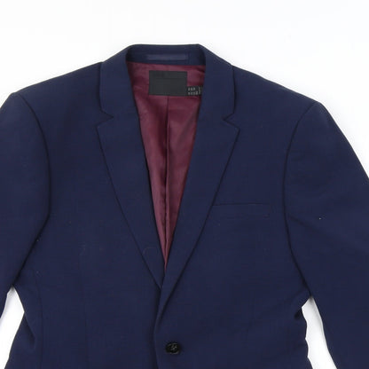 Close-up detail of ASOS men’s blue polyester jacket suit jacket, size 38, regular