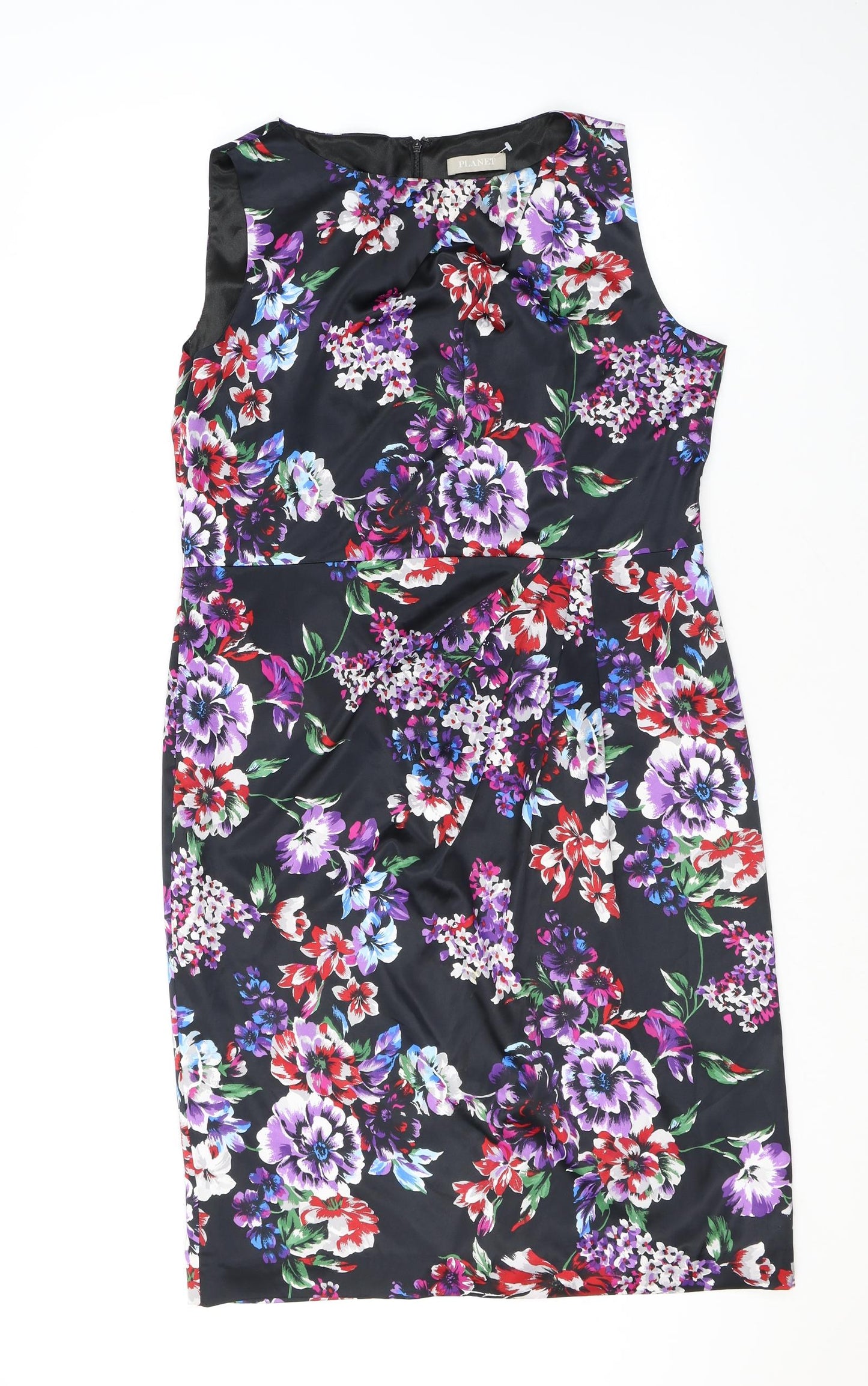 Planet Womens Black Floral Polyester Shift Size 14 Boat Neck Zip