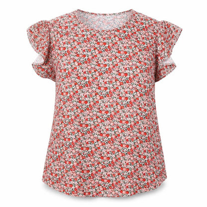 Prinstory Womens Red Floral Polyester Basic Blouse Size 2XL Round Neck