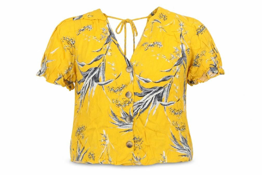 Warehouse Womens Yellow Floral Viscose Basic Button-Up Size 12 V-Neck