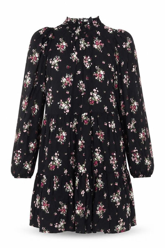 New Look Womens Black Floral Viscose A-Line Size 8 Mock Neck Button
