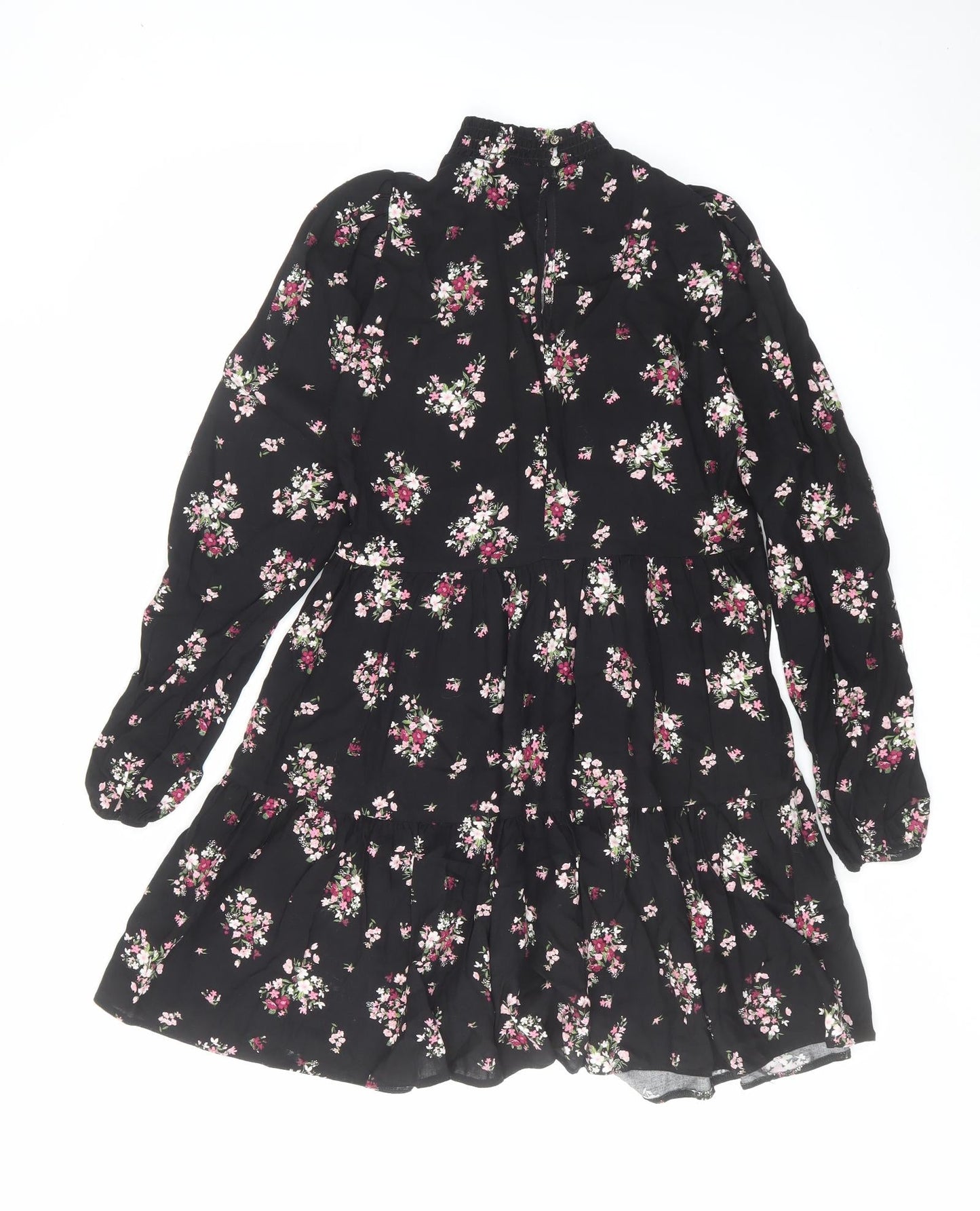 New Look Womens Black Floral Viscose A-Line Size 8 Mock Neck Button