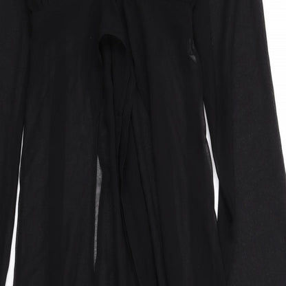 Close-up detail of ASOS women’s black polyester wrap dress, size UK 4, v-neck pullover