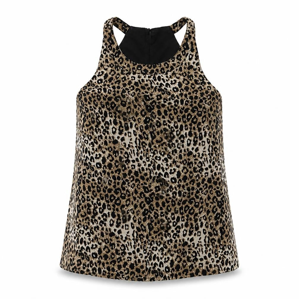 Pigalle Womens Brown Animal Print Polyester Basic Tank Size 8 Round Neck - Leopard Print