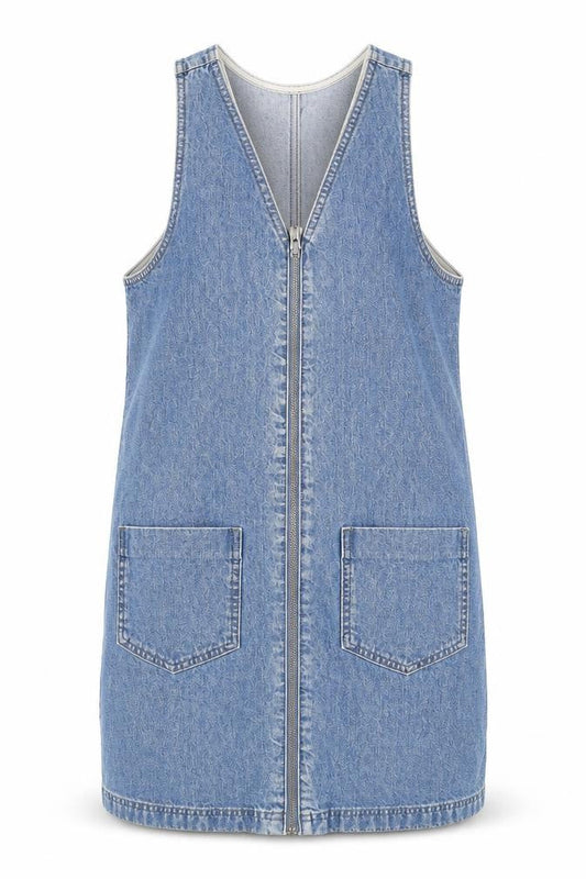 Topshop Womens Blue Cotton Pinafore/Dungaree Dress Size 8 V-Neck Zip
