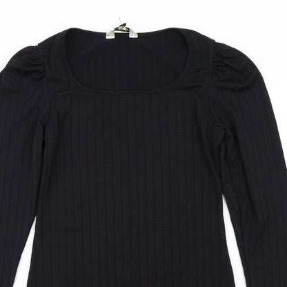 Close-up detail of Miss Selfridge women’s black polyester mini, size UK 10, boat neck pullover