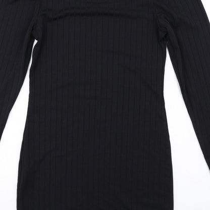 Brand and care label for Miss Selfridge women’s black polyester mini, size UK 10, boat neck pullover