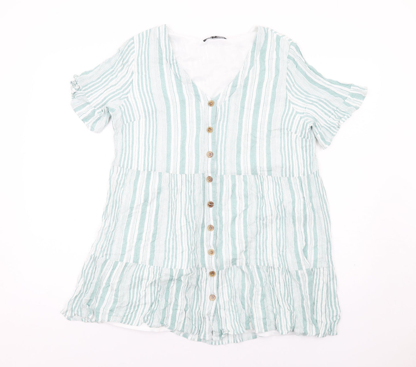 In the Style Womens Green Striped Polyester Basic Button-Up Size 14 V-Neck