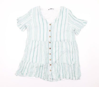 Additional front view of In the Style women’s green striped polyester basic button-up, size UK 14, v-neck