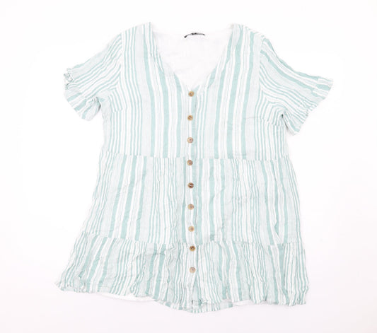 In the Style Womens Green Striped Polyester Basic Button-Up Size 14 V-Neck