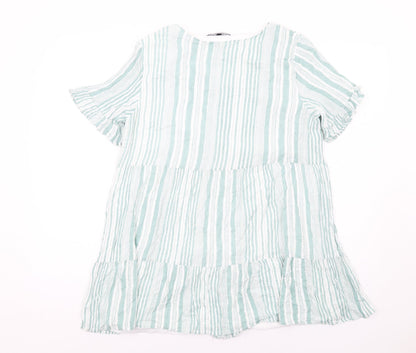 Back view of In the Style women’s green striped polyester basic button-up, size UK 14, v-neck
