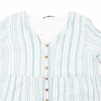 Close-up detail of In the Style women’s green striped polyester basic button-up, size UK 14, v-neck