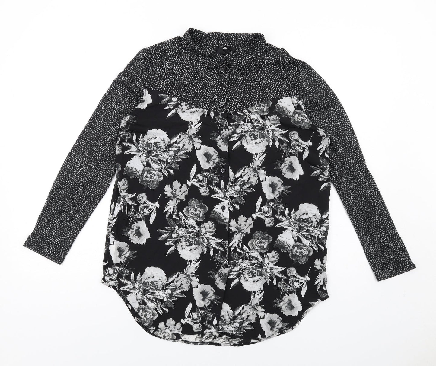 H&M Womens Black Floral Polyester Basic Button-Up Size XS Collared