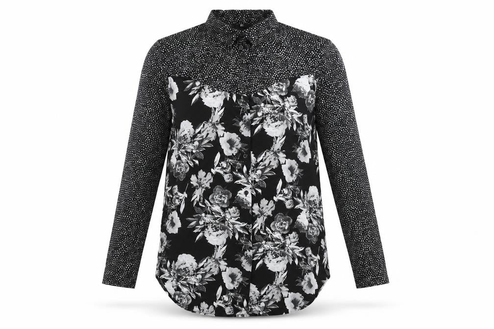 H&M Womens Black Floral Polyester Basic Button-Up Size XS Collared
