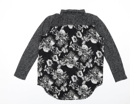 H&M Womens Black Floral Polyester Basic Button-Up Size XS Collared
