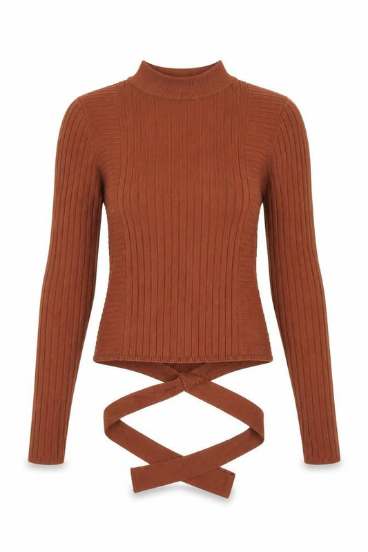 Front view of ASOS women’s brown mock neck viscose jumper, size UK 8, - tie detail