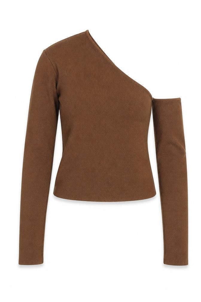 Zara Womens Brown V-Neck Polyamide Pullover Jumper Size M - One Shoulder