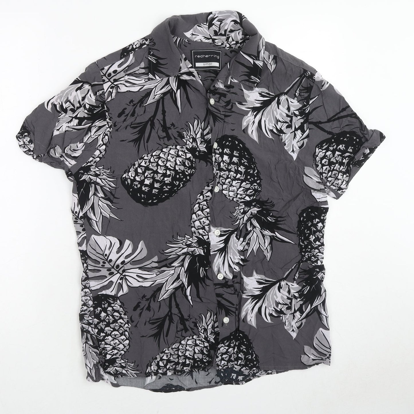 Red Herring Mens Grey Geometric Viscose Button-Up Size S Collared Buckle - Pineapple