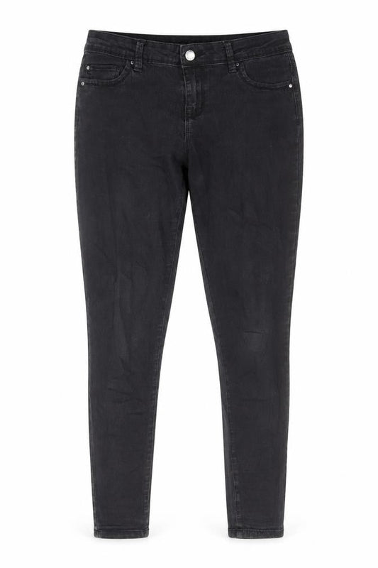 Front view of Denim & Co. women’s black cotton skinny jeans, size UK 12, 29-inch leg regular zip
