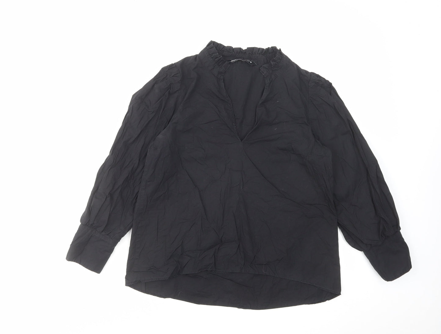 Zara Womens Black Cotton Basic Blouse Size XS V-Neck