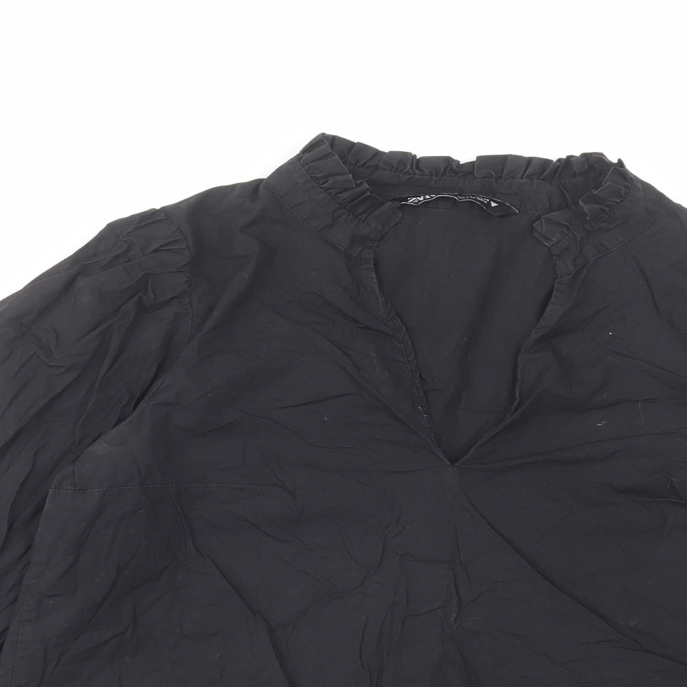 Zara Womens Black Cotton Basic Blouse Size XS V-Neck