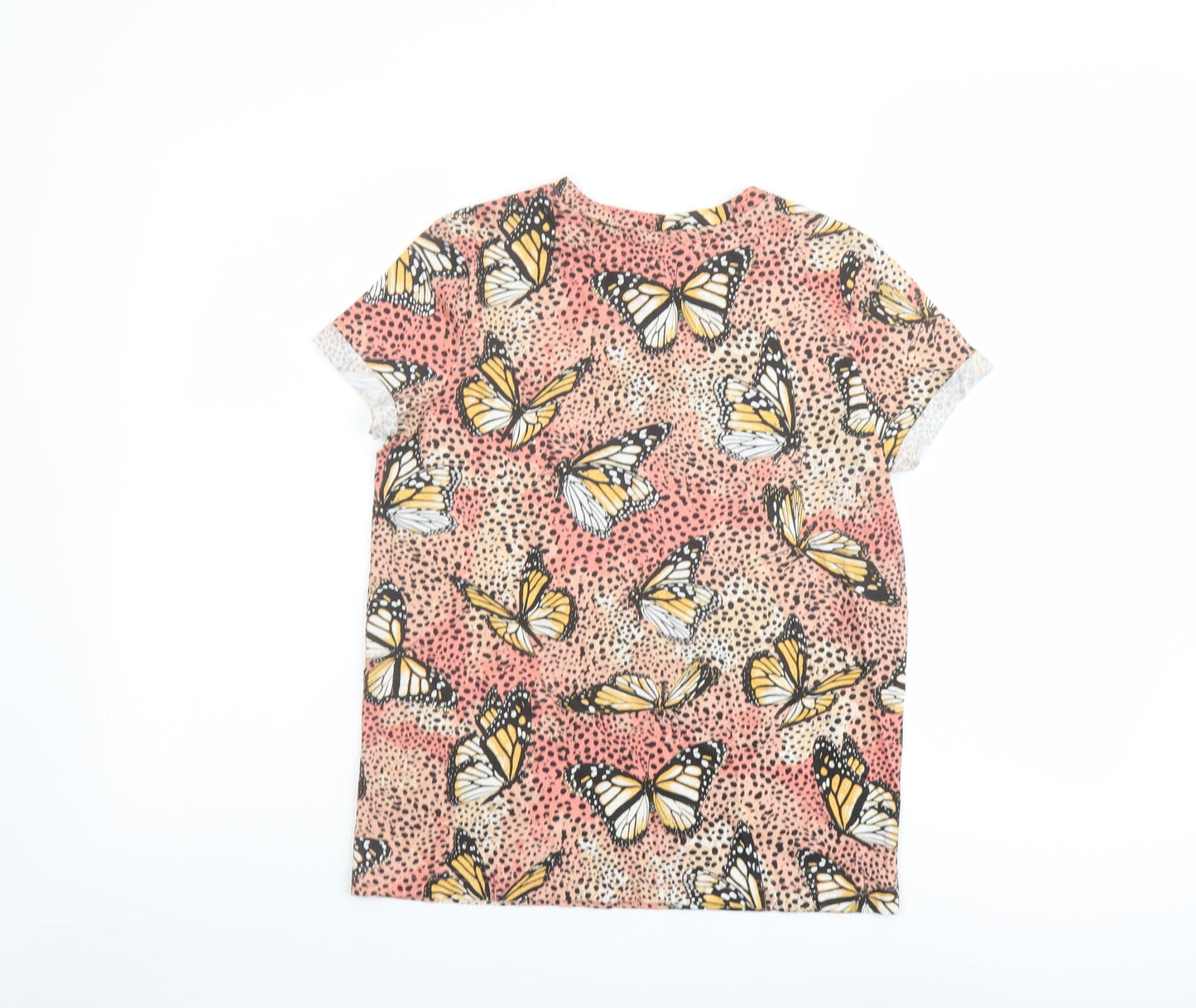 Bershka Womens Multicoloured Geometric Cotton Basic T-Shirt Size XS Crew Neck - Butterfly Pattern