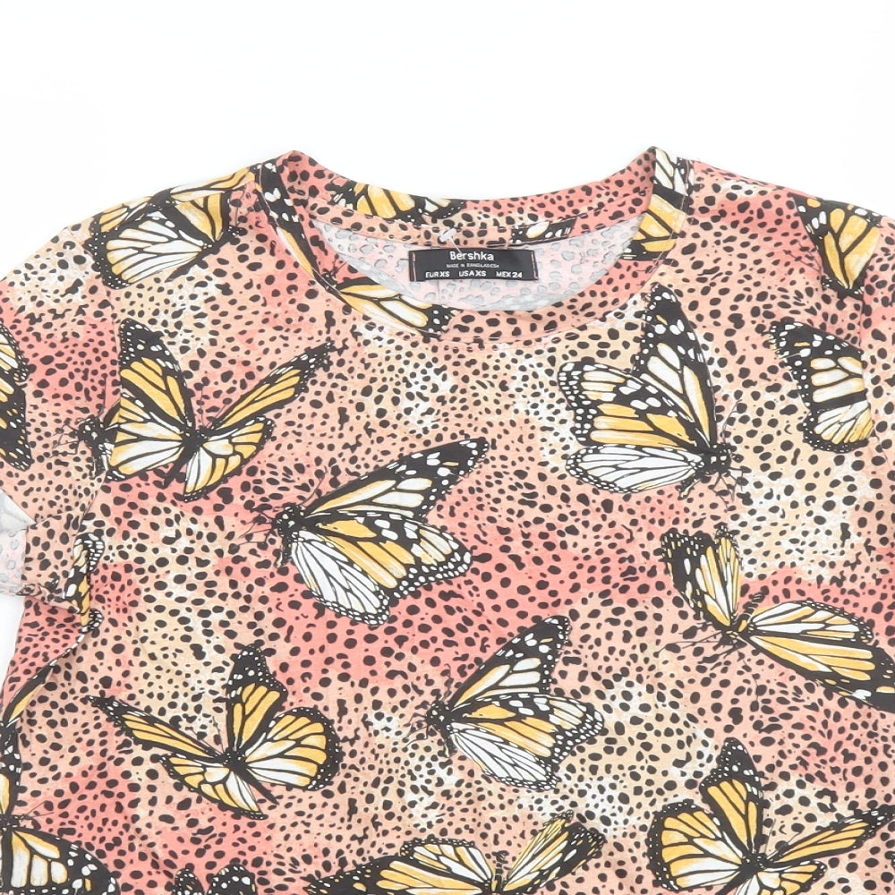 Bershka Womens Multicoloured Geometric Cotton Basic T-Shirt Size XS Crew Neck - Butterfly Pattern