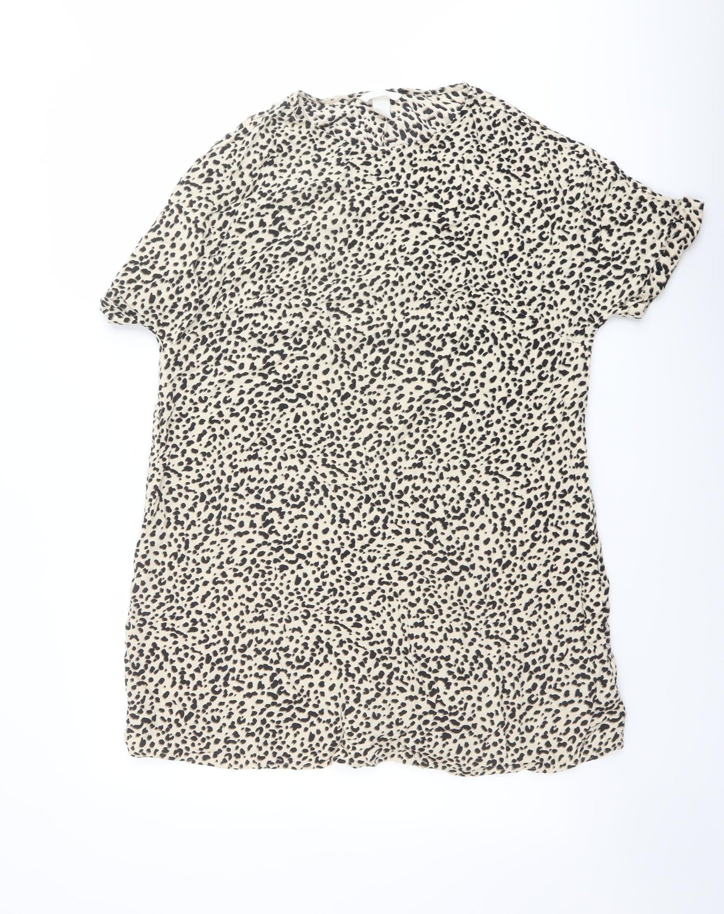 H&M Womens Beige Animal Print Viscose Basic T-Shirt Size 8 Crew Neck