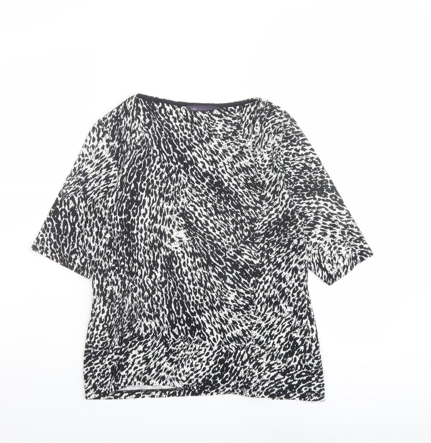 Marks and Spencer Womens Black Animal Print Cotton Basic T-Shirt Size 14 Boat Neck