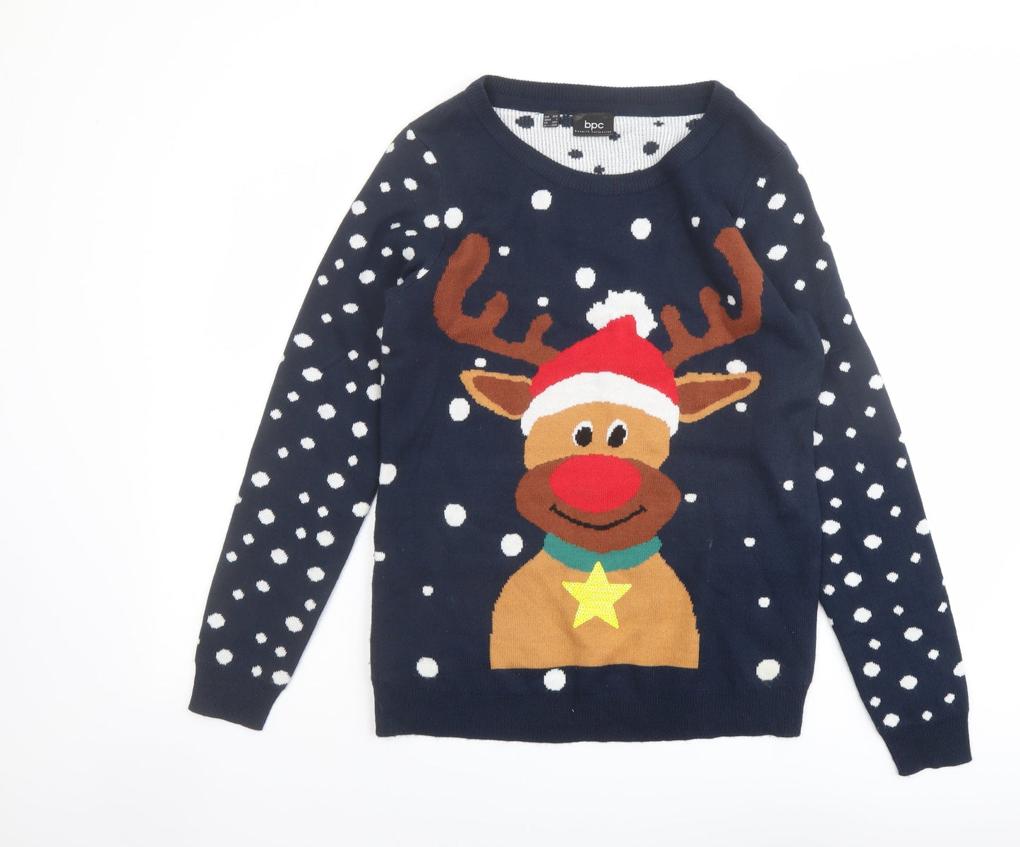 bonprix Womens Blue Round Neck Acrylic Pullover Jumper Size S - Reindeer Christmas