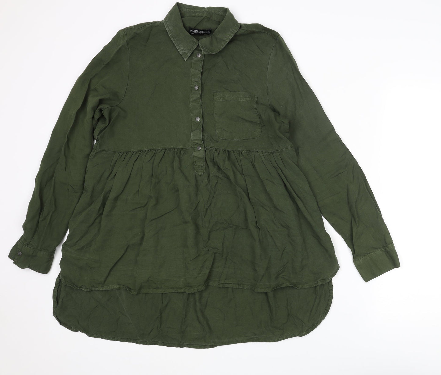 Zara Womens Green Lyocell Basic Blouse Size S Collared