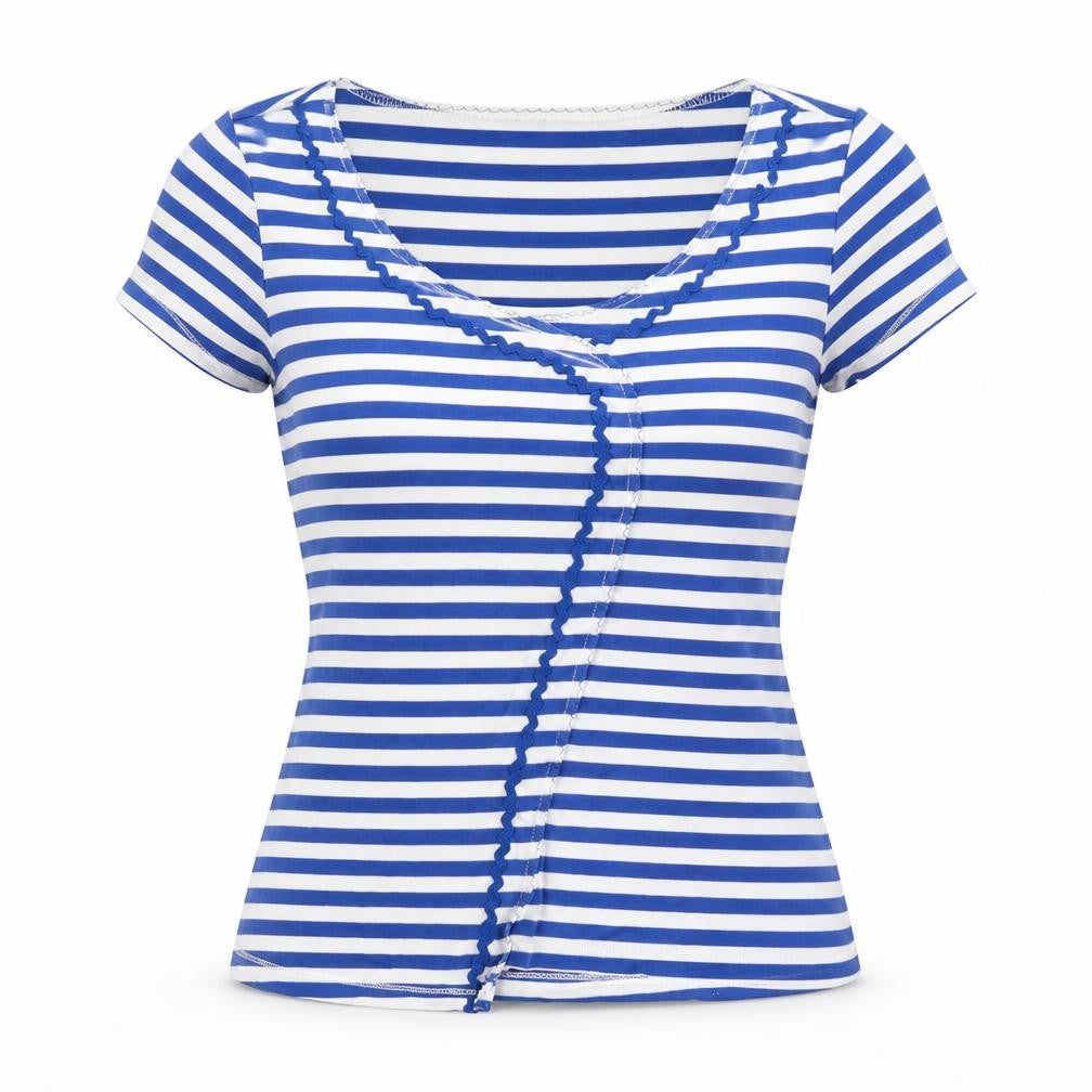 Crimson Womens Blue Striped Cotton Basic T-Shirt Size 8 Scoop Neck