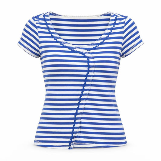 Crimson Womens Blue Striped Cotton Basic T-Shirt Size 8 Scoop Neck