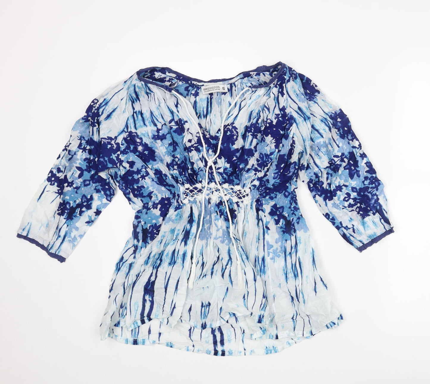 oneseason Womens Blue Geometric Polyester Basic Blouse Size S V-Neck