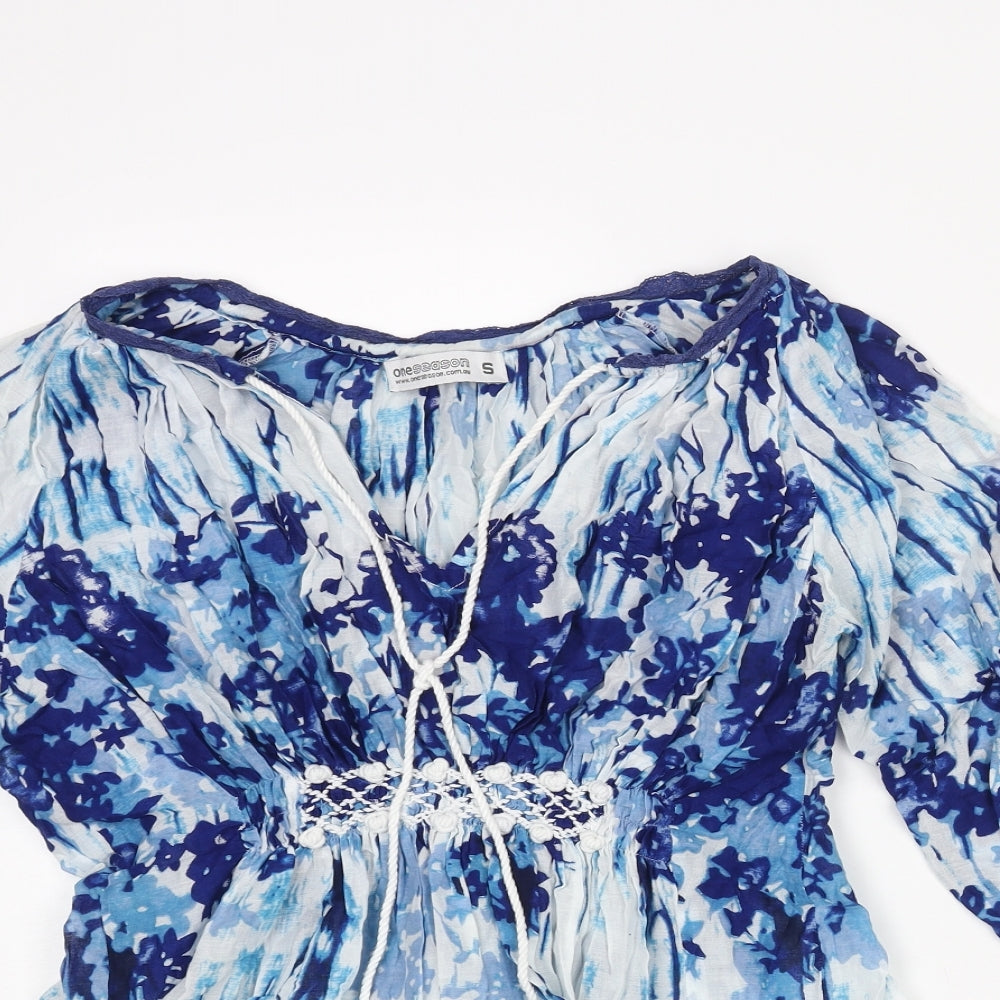 oneseason Womens Blue Geometric Polyester Basic Blouse Size S V-Neck