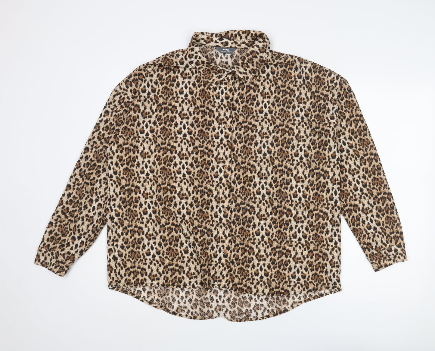 Max Womens Brown Animal Print Polyester Basic Button-Up Size 14 Collared - Leopard Print Size 14-16