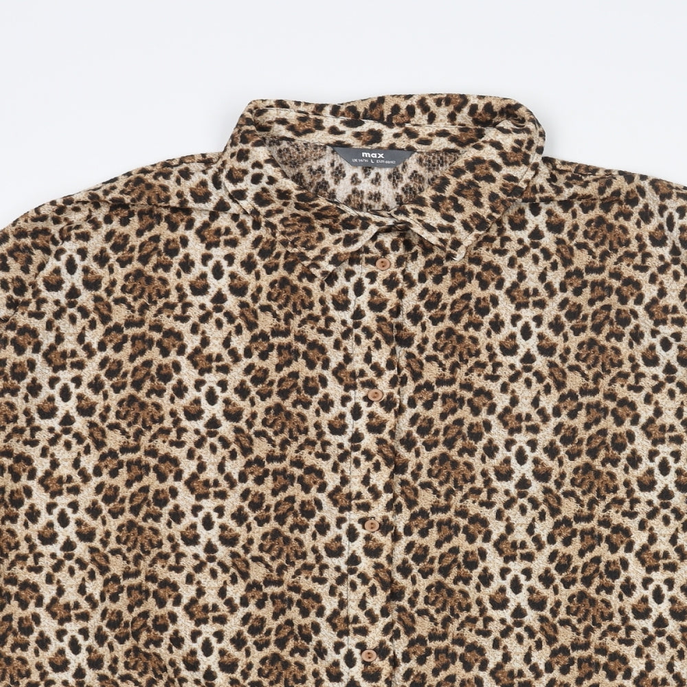 Max Womens Brown Animal Print Polyester Basic Button-Up Size 14 Collared - Leopard Print Size 14-16