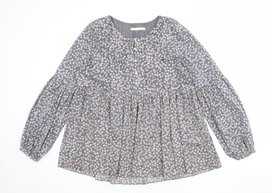 Zara Womens Blue Floral Polyester Basic Blouse Size L Round Neck