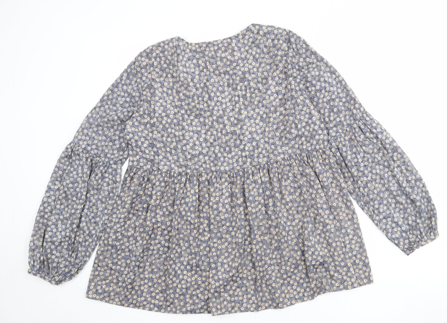 Zara Womens Blue Floral Polyester Basic Blouse Size L Round Neck