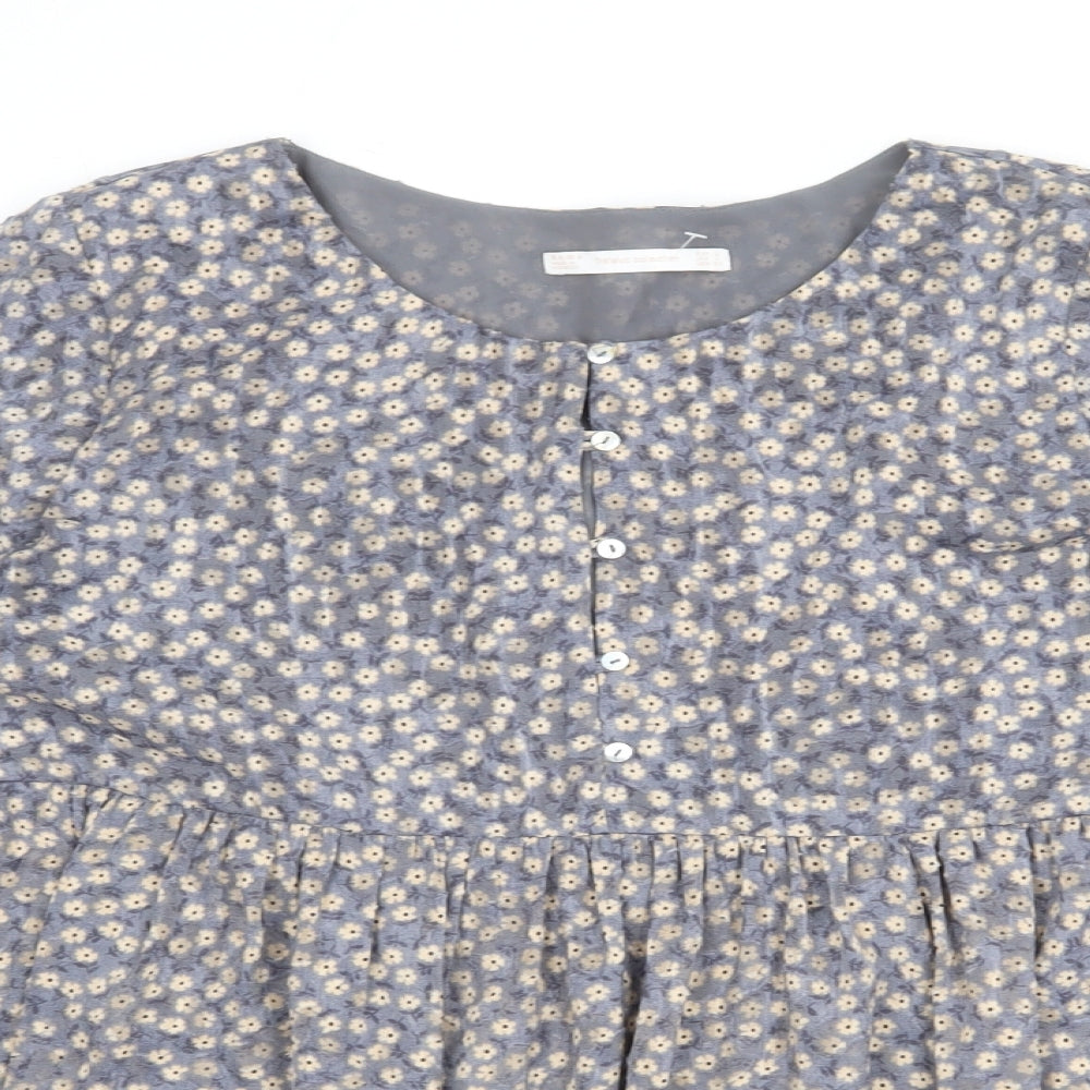 Zara Womens Blue Floral Polyester Basic Blouse Size L Round Neck