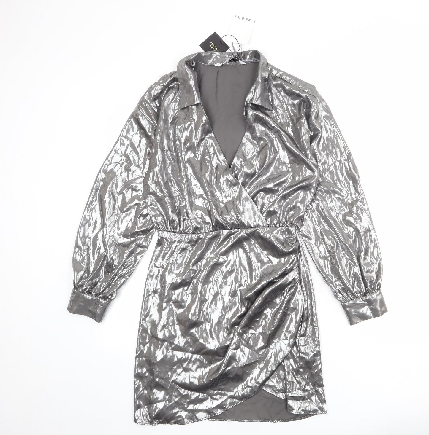 Zara Womens Silver Polyester A-Line Size S Collared Zip