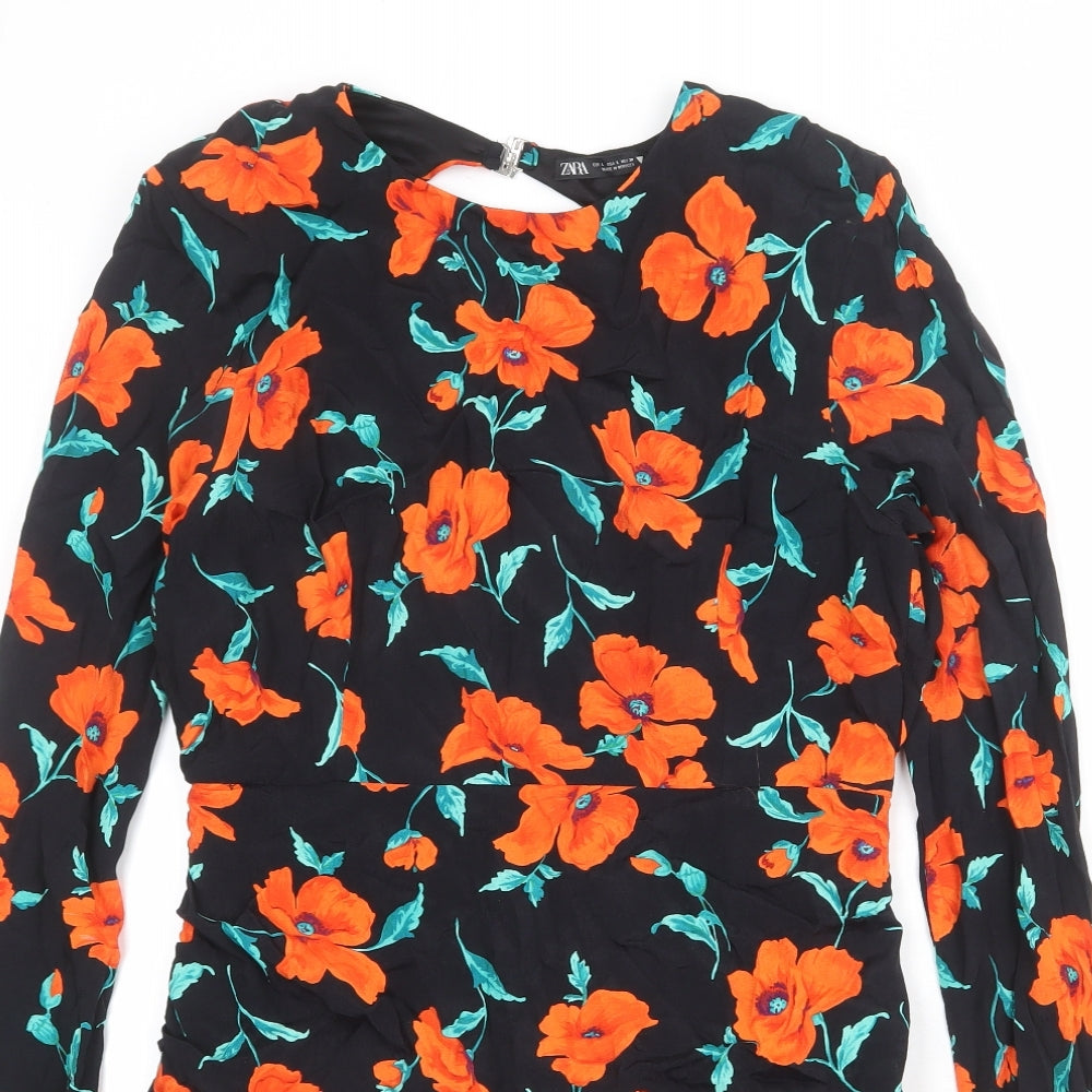 Zara Womens Black Floral Viscose A-Line Size L Round Neck Zip